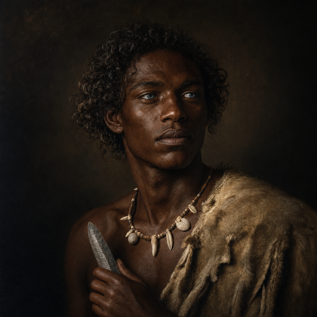 Portrait interpretation of Cheddar Man (AI-generated artwork, not documentary evidence)