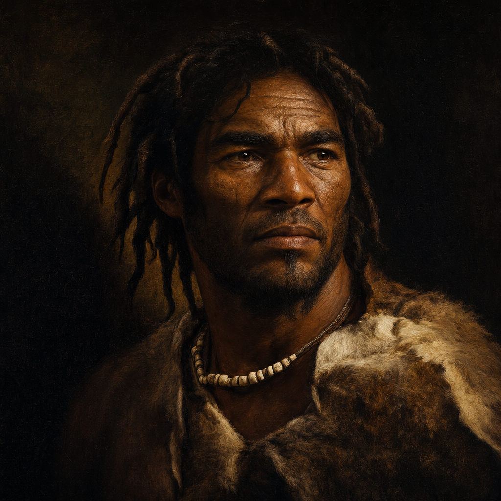 Portrait interpretation of Goyet Q116-1 (AI-generated artwork, not documentary evidence)