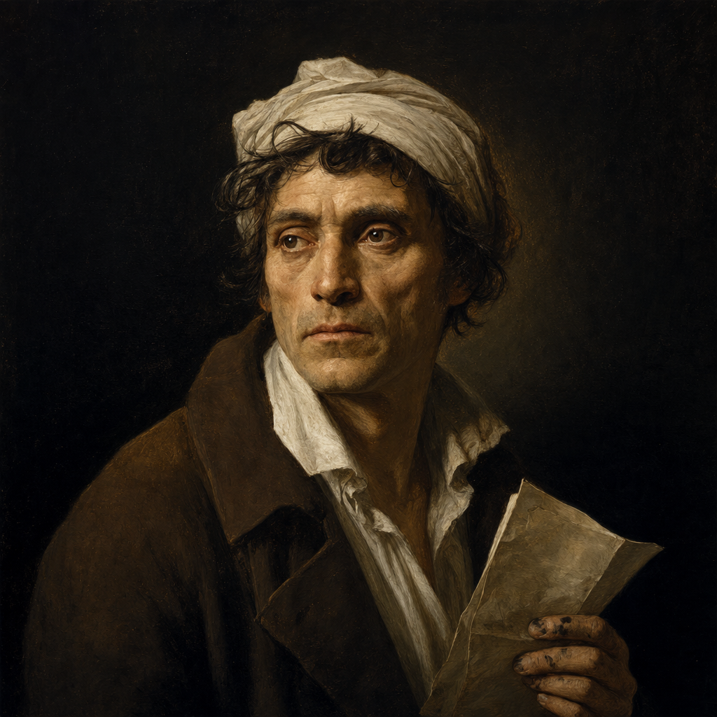 Portrait interpretation of Jean-Paul Marat (AI-generated artwork, not documentary evidence)