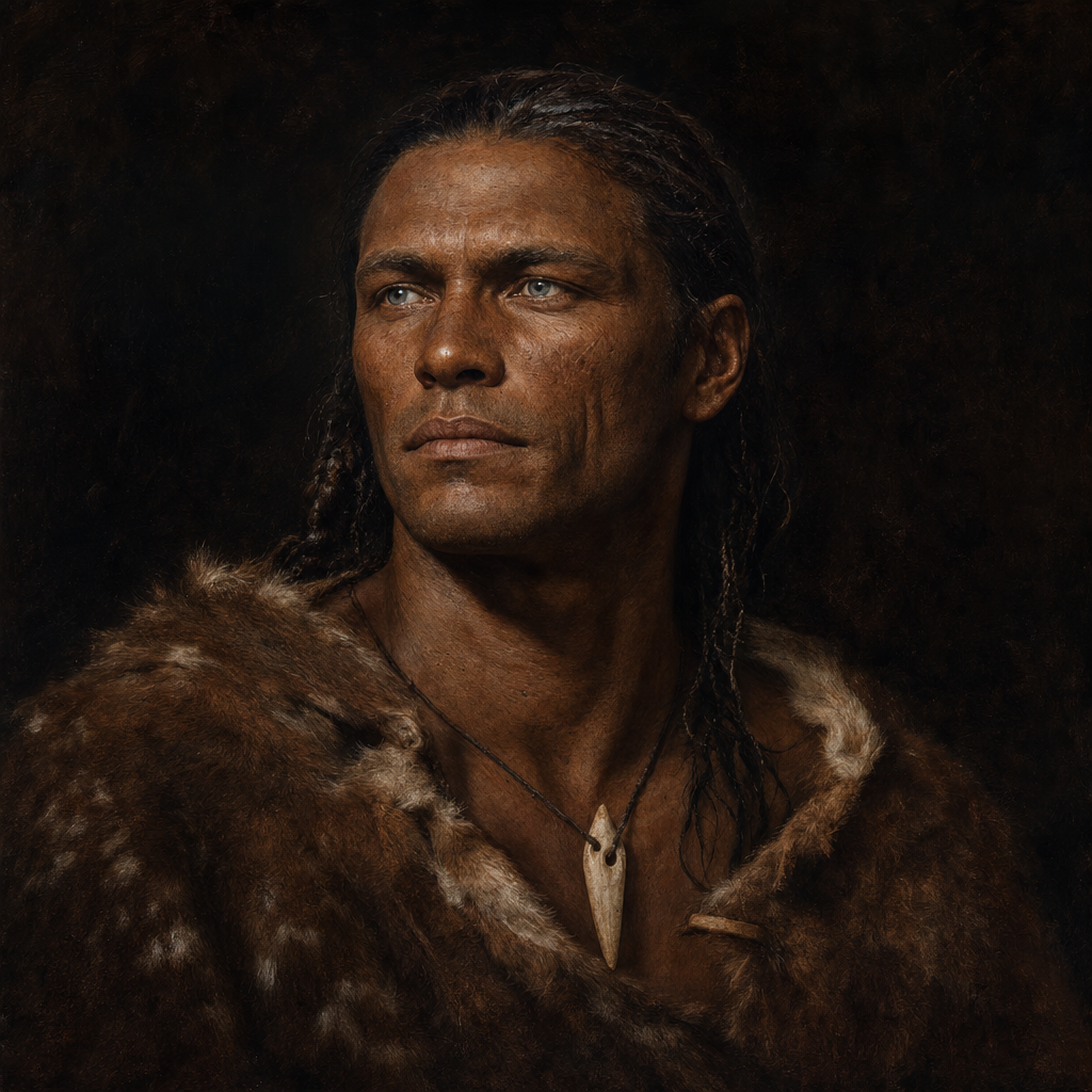 Portrait interpretation of Loschbour Man (AI-generated artwork, not documentary evidence)
