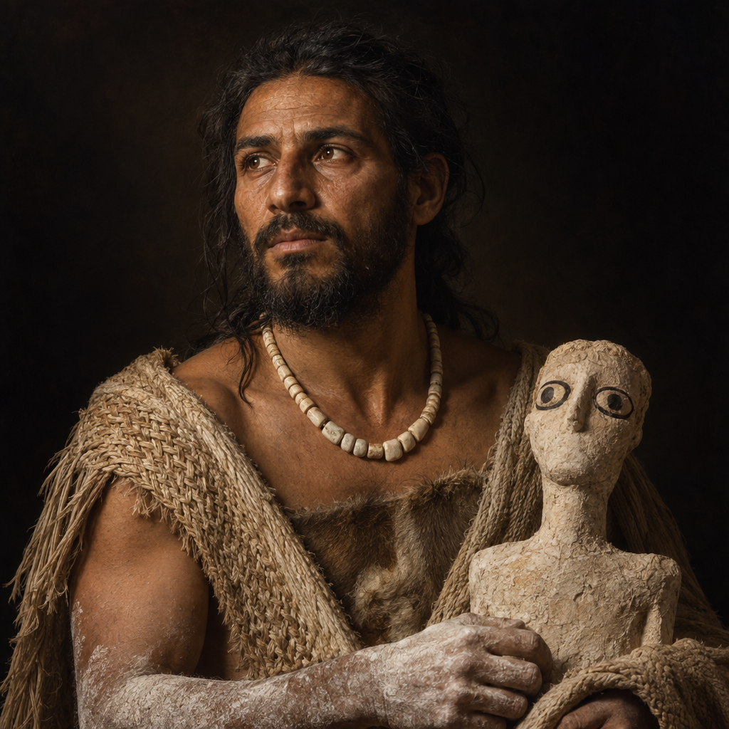 Portrait interpretation of The First Farmers of 'Ain Ghazal (AI-generated artwork, not documentary evidence)