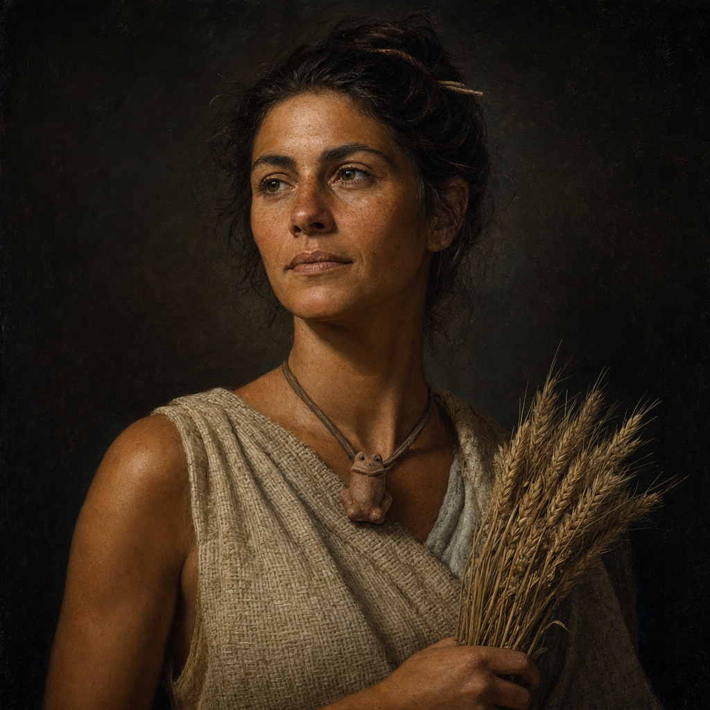 Portrait interpretation of The First Farmers of Nea Nikomedeia (AI-generated artwork, not documentary evidence)