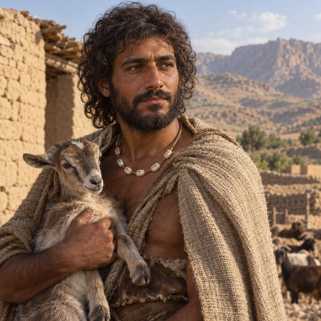 Portrait interpretation of The First Goat Herders of Ganj Dareh (AI-generated artwork, not documentary evidence)
