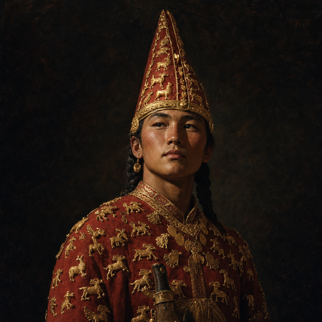 Portrait interpretation of The Golden Warrior of Issyk (AI-generated artwork, not documentary evidence)