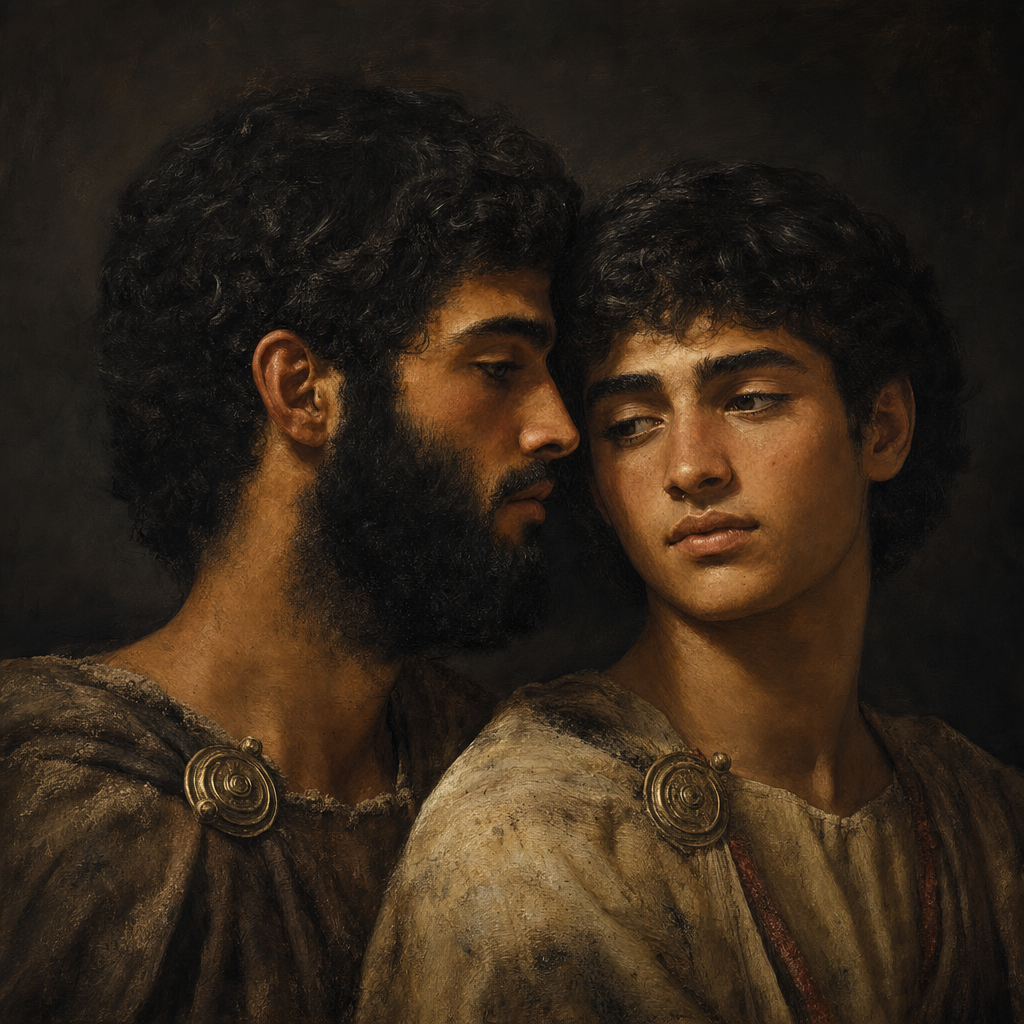 Portrait interpretation of The Hasanlu Lovers (AI-generated artwork, not documentary evidence)