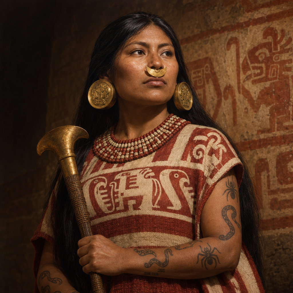 Portrait interpretation of The Moche of Huaca Cao Viejo (AI-generated artwork, not documentary evidence)
