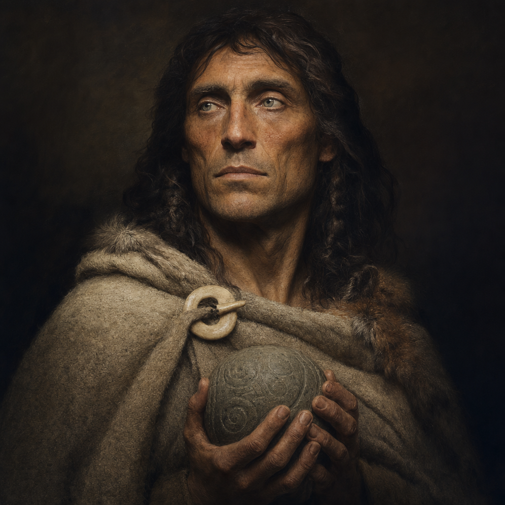 Portrait interpretation of The Newgrange Chieftain (AI-generated artwork, not documentary evidence)