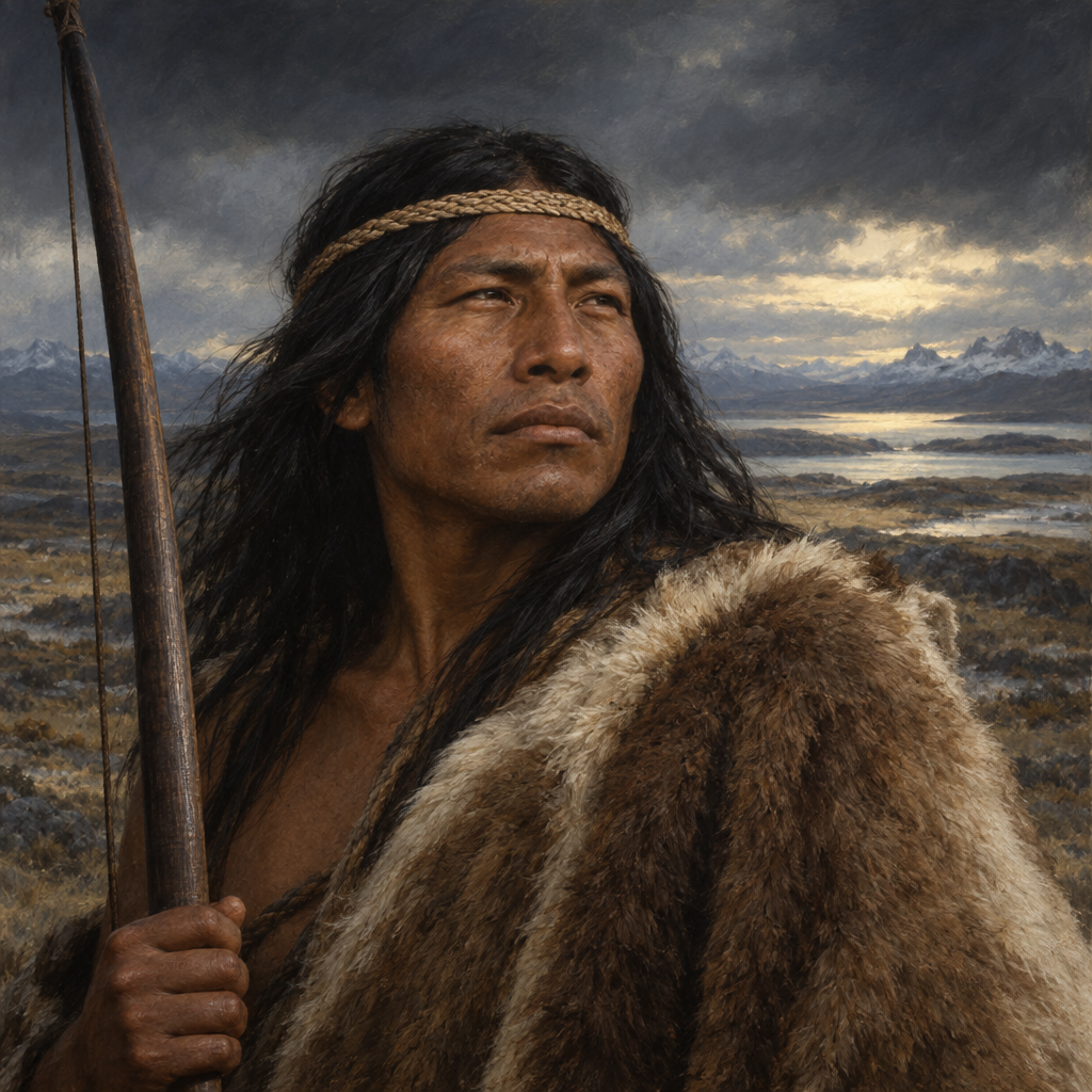 Portrait interpretation of The Peoples of Tierra del Fuego (AI-generated artwork, not documentary evidence)