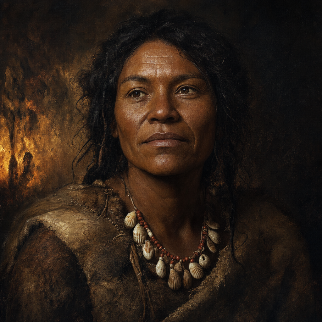 Portrait interpretation of The Peștera Muierii Woman (AI-generated artwork, not documentary evidence)