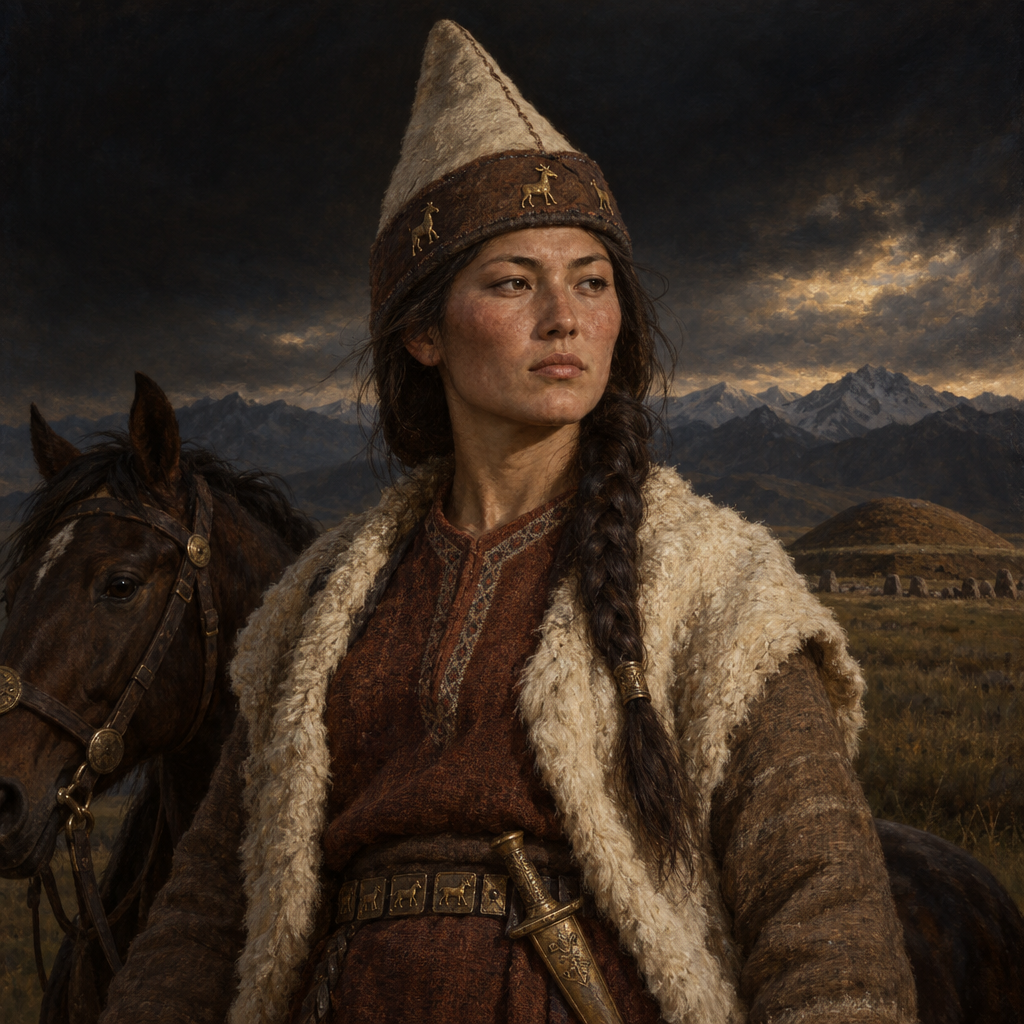 Portrait interpretation of The Saka of the Tian Shan (AI-generated artwork, not documentary evidence)