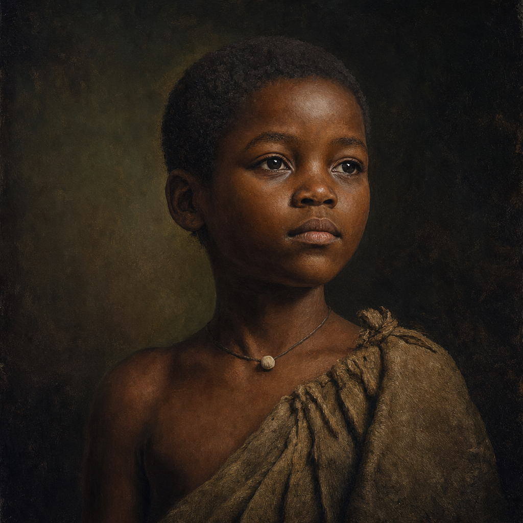 Portrait interpretation of The Shum Laka Children (AI-generated artwork, not documentary evidence)