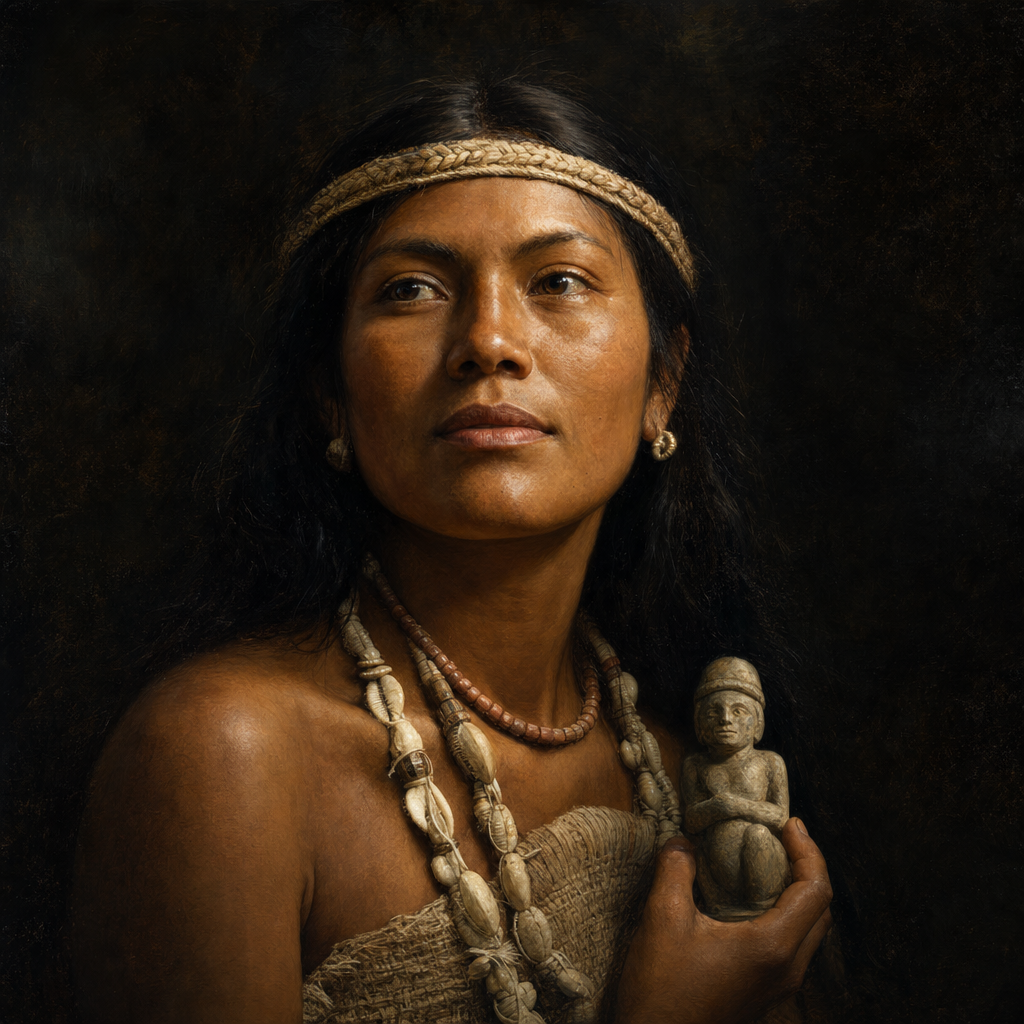Portrait interpretation of The Taíno Woman of Preacher's Cave (AI-generated artwork, not documentary evidence)