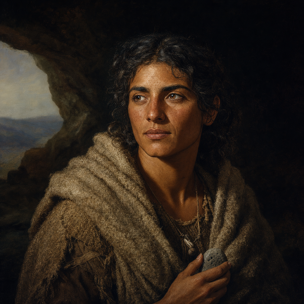 Portrait interpretation of Theopetra Cave (AI-generated artwork, not documentary evidence)