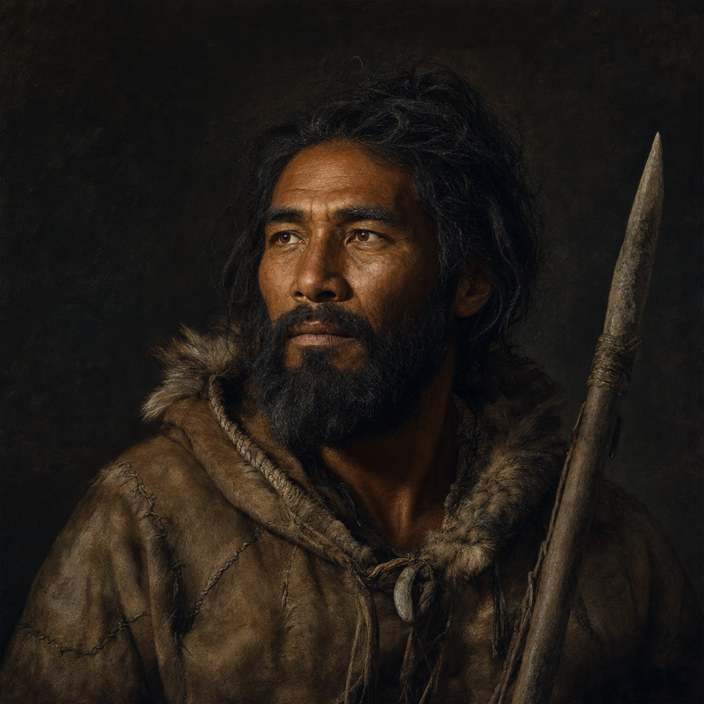 Portrait interpretation of Ust'-Ishim Man (AI-generated artwork, not documentary evidence)