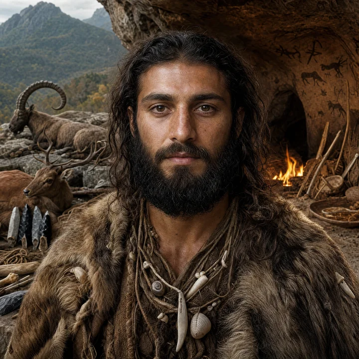 Artistic interpretation of the Caucasian Hunter Gatherer (AI-generated artwork, not documentary evidence)