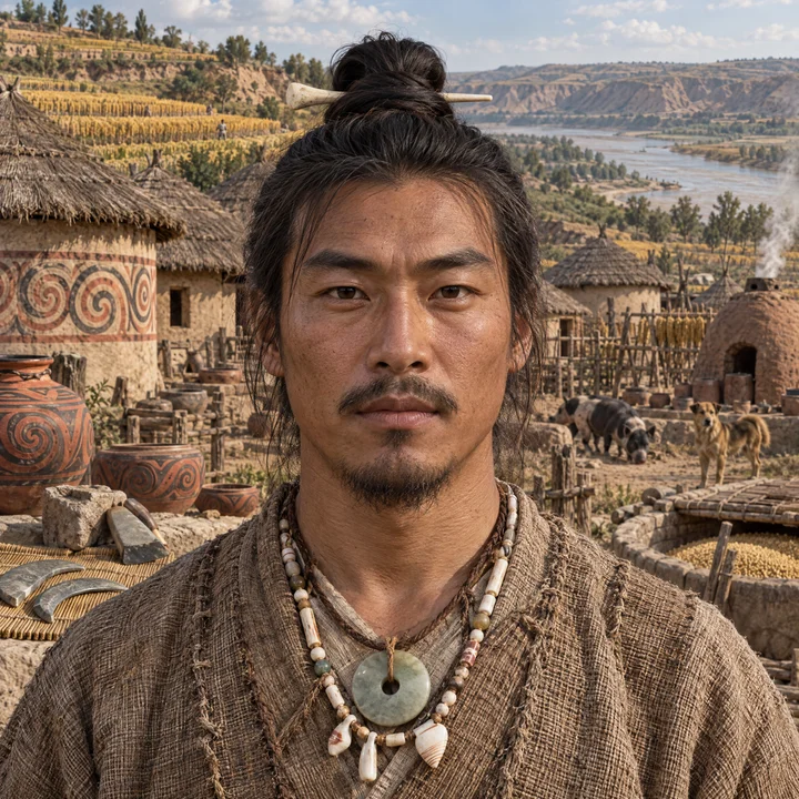 Artistic interpretation of the East Asian Neolithic Farmer (AI-generated artwork, not documentary evidence)