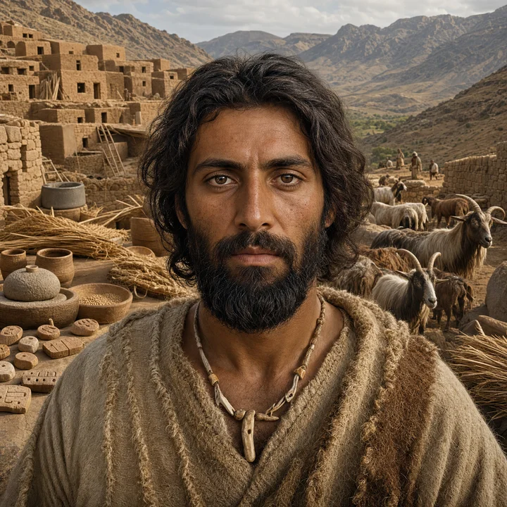 Artistic interpretation of the Iranian Neolithic Farmer (AI-generated artwork, not documentary evidence)